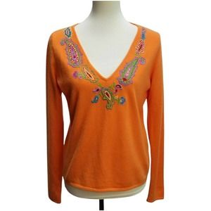 Ralph Lauren Black Label Women's V-Neck Cashmere Sweater Embroidered Orange Sz L